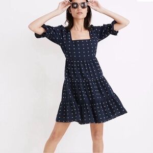 Madewell Navy Square-Neck Puff-Sleeve Babydoll Dress, Size 2